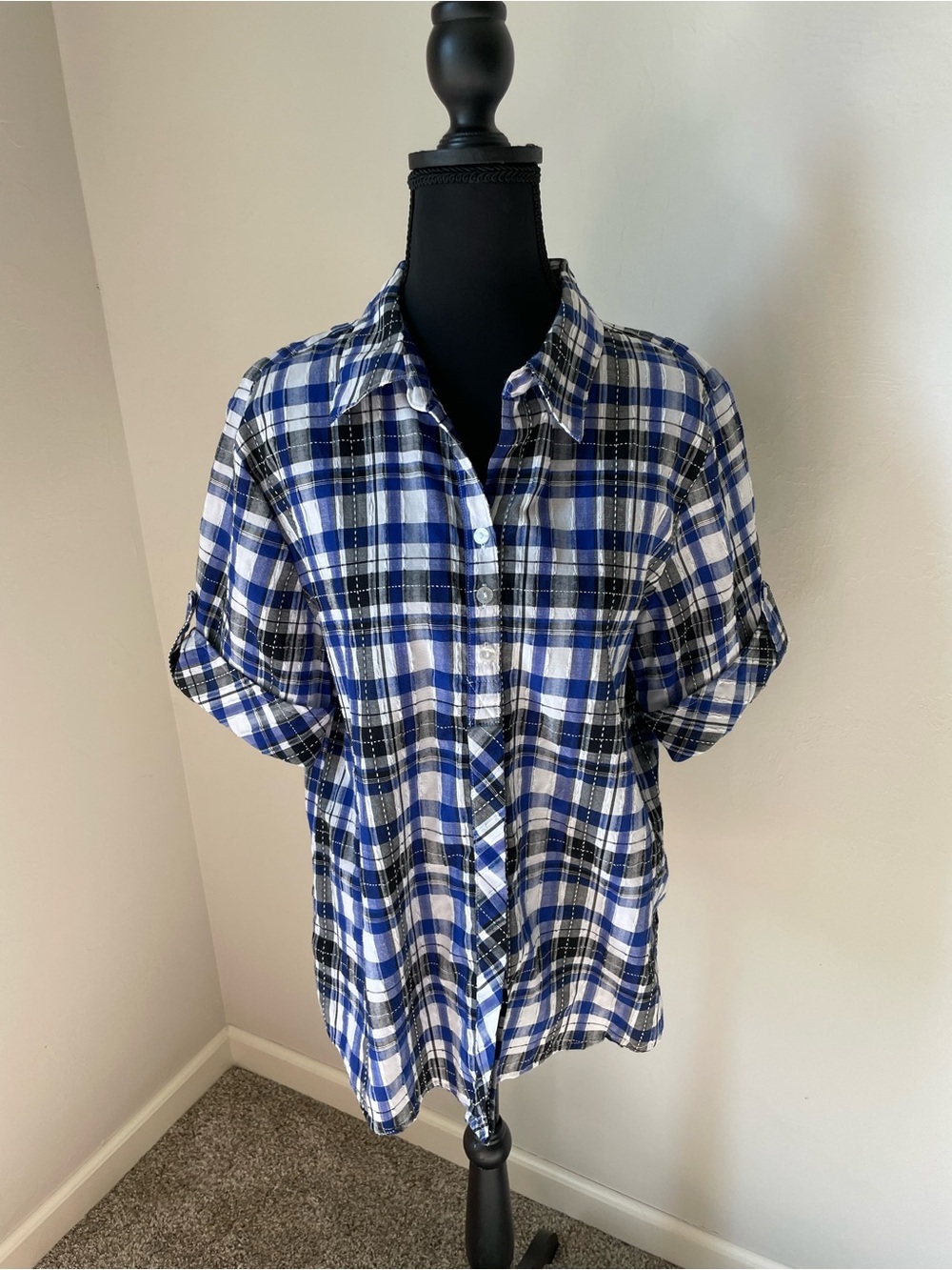 Allison Daley Blue, White and Black Plaid Button-Front Shirt